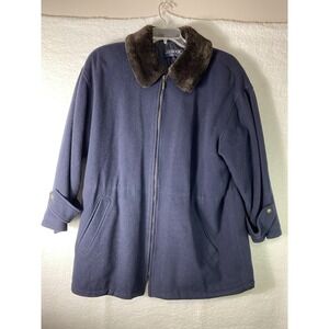J. G. Hook Women Blue Wool Coat Faux Fur Collar Driving Length Size 14